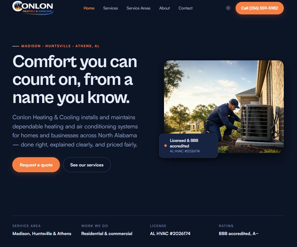 Conlon Heating & Cooling website — dark mode homepage