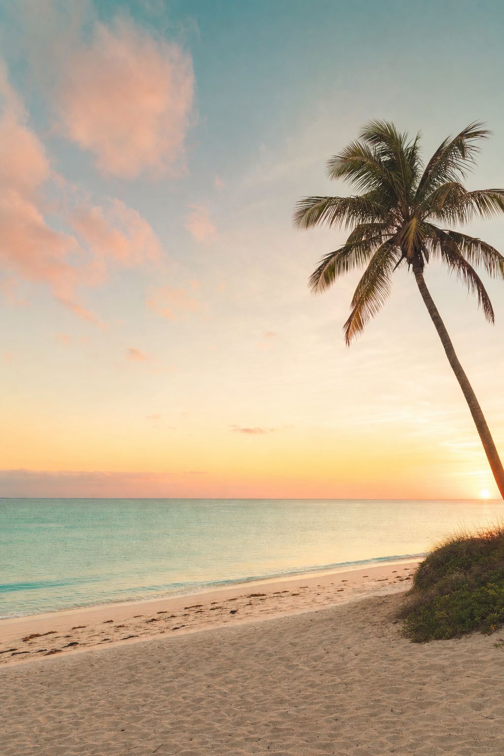 Sunrise over a Palm Beach coastline with turquoise water and a leaning palm tree