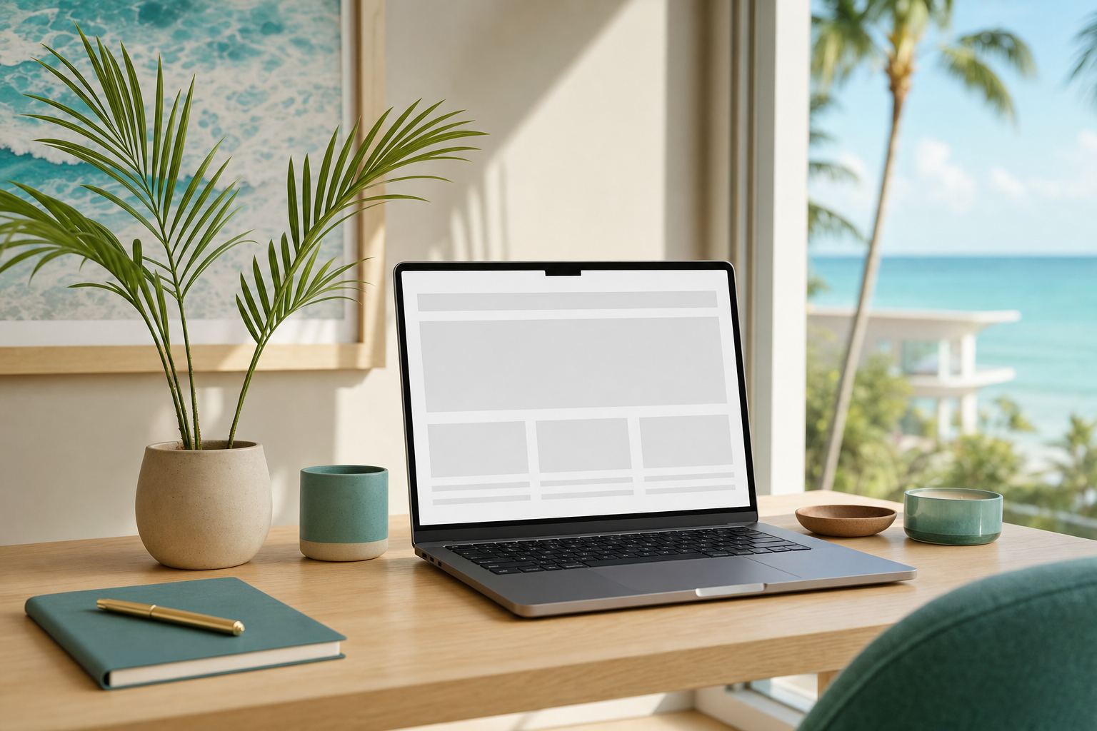 Clean workspace with a laptop showing a website wireframe and a coastal view through the window