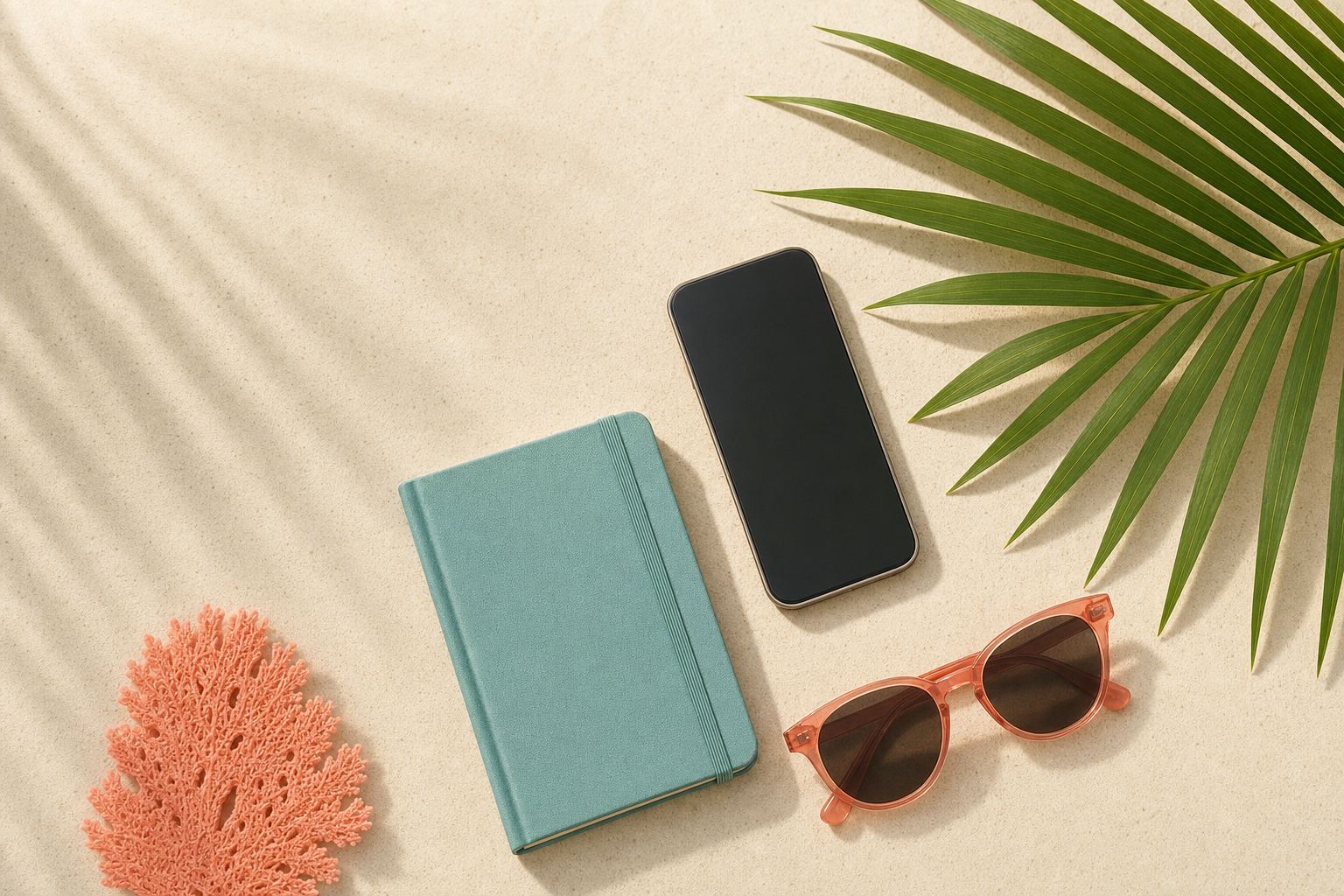 Coastal flat lay with a notebook, sunglasses and a palm frond on warm sand